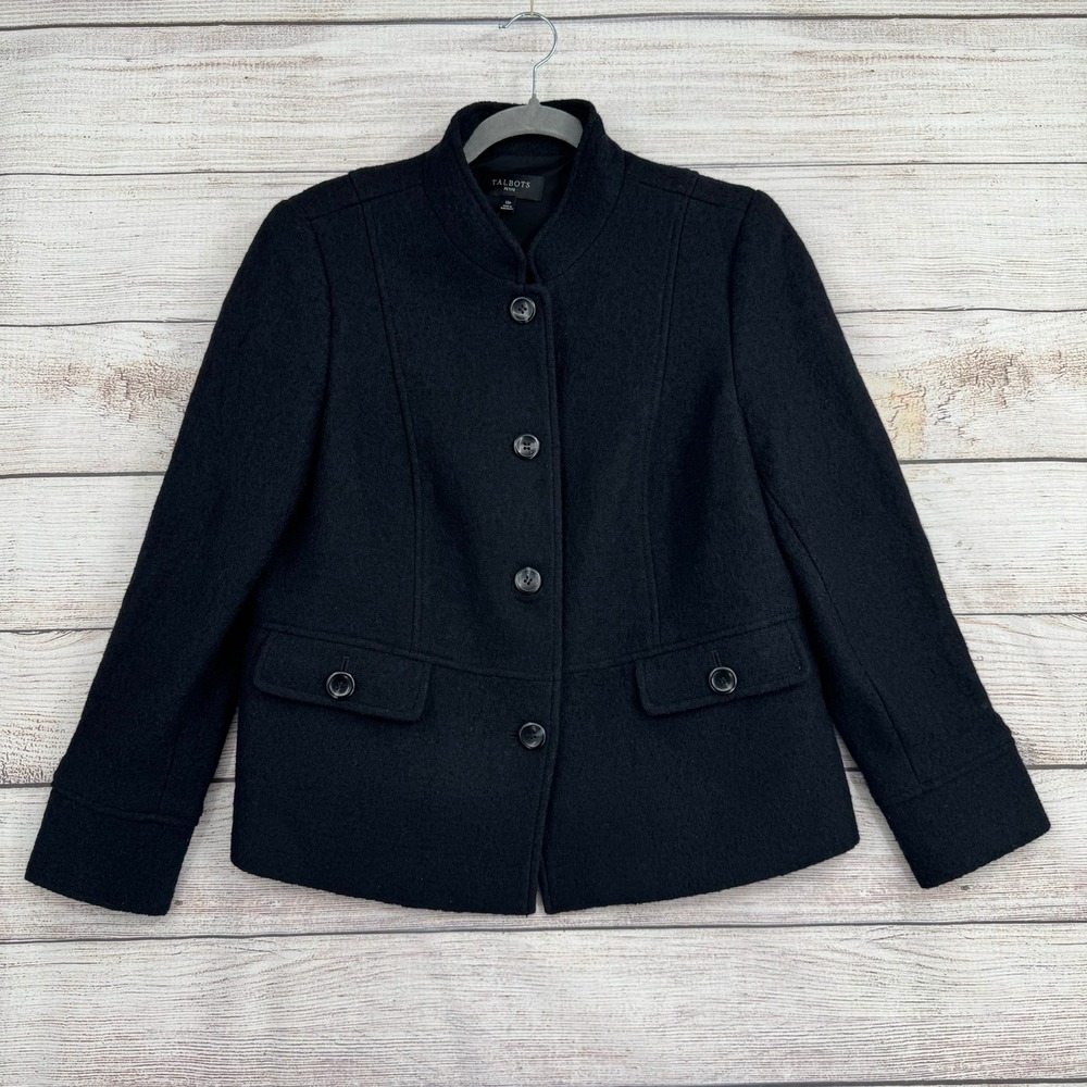 Talbots Jacket Women 12P Black Wool Blend Mock Neck Button Front Pockets